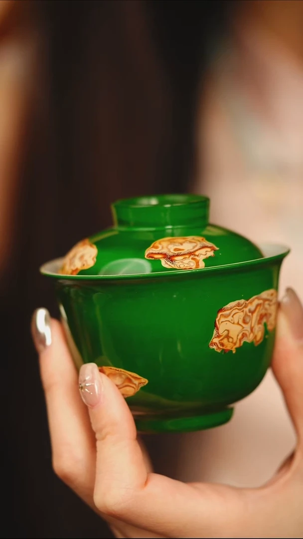 @绿色素髹犀皮两才盖碗@非遗大漆