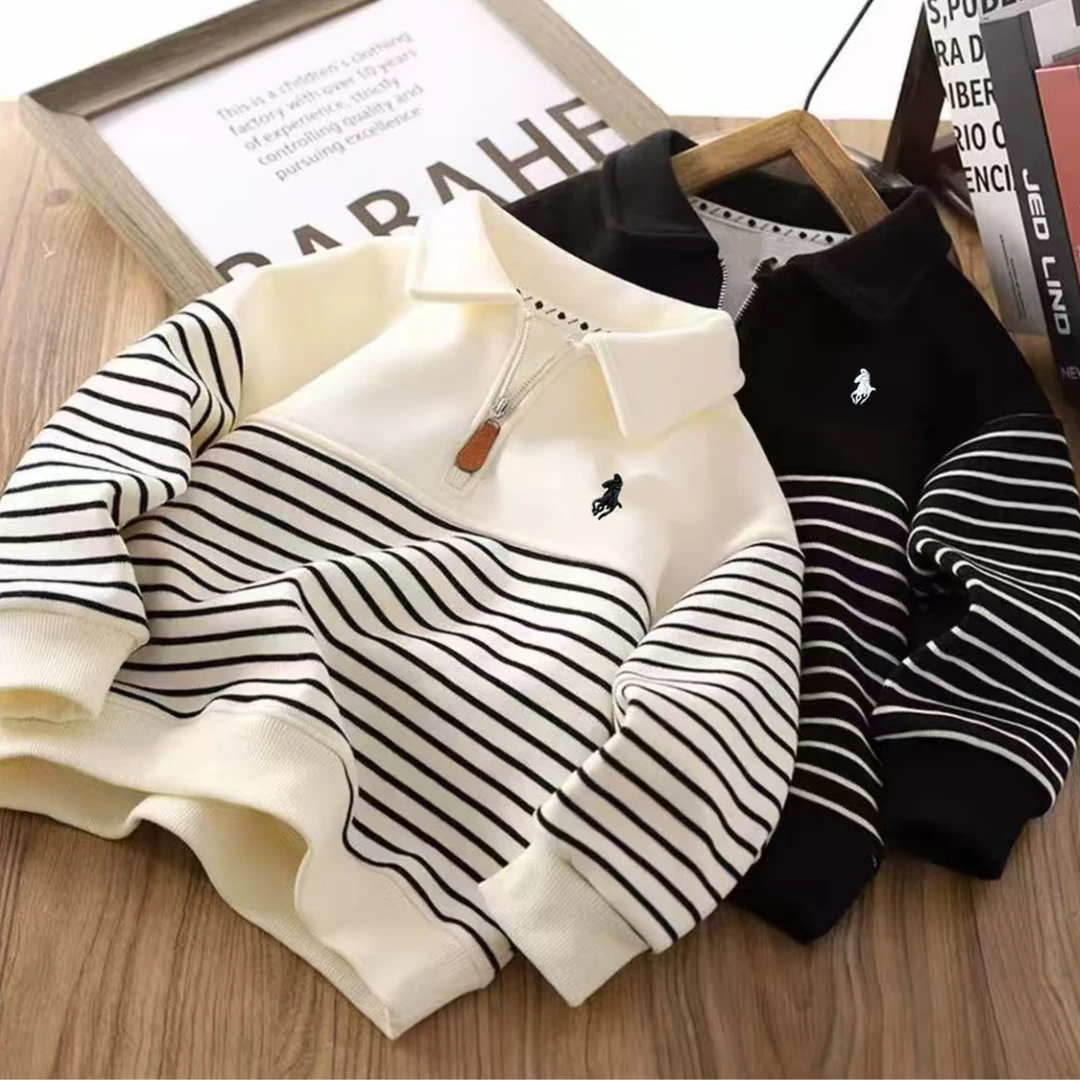 男女宝同款拉链polo领卫衣条纹拼接百搭潮流上衣
