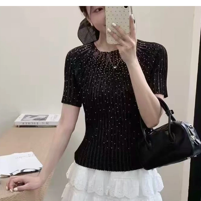 夏季镂空亮片针织衫显瘦气质时尚百搭圆领修身镶钻22827