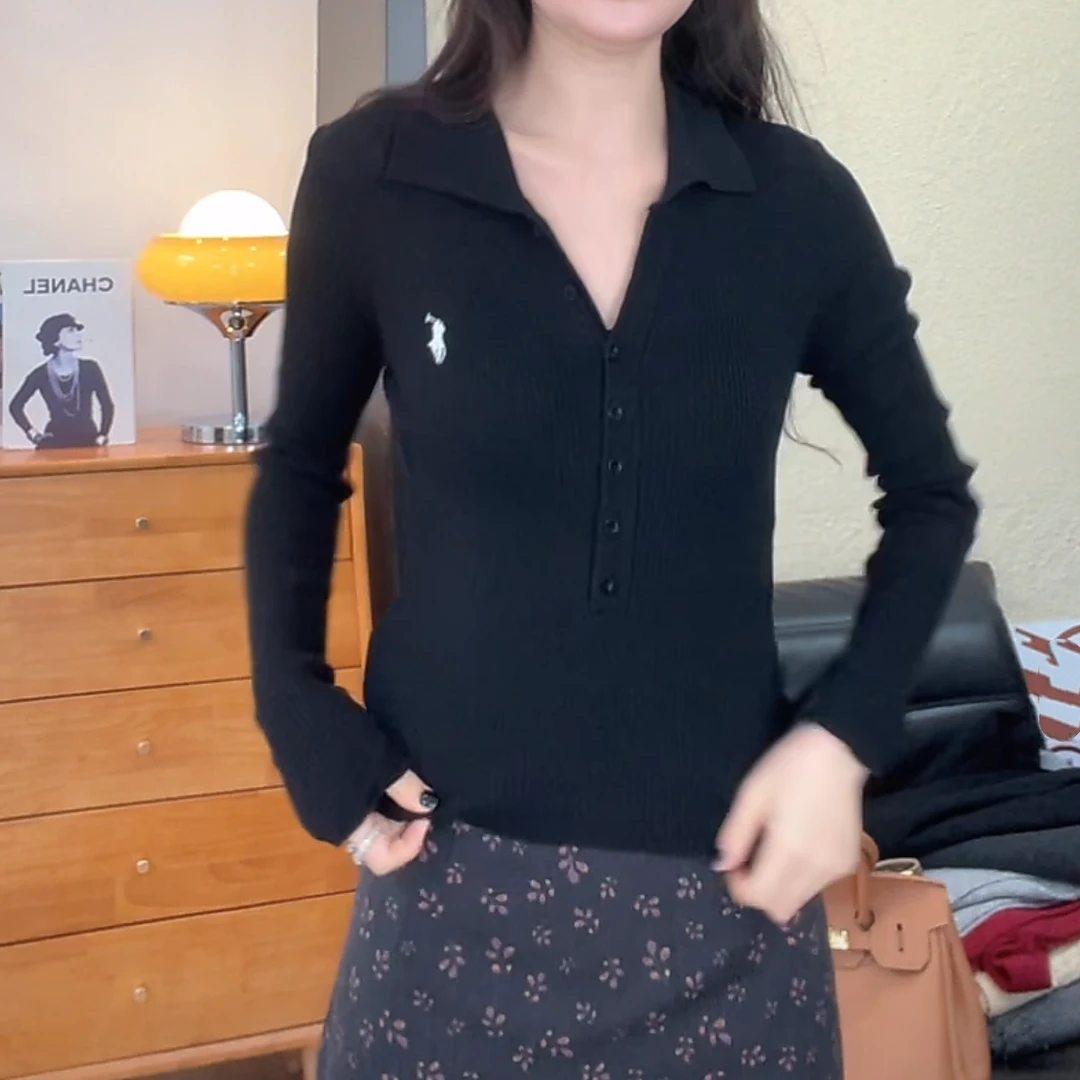 极简纽扣polo领上衣2025新款早春夏季时尚百搭长袖轻奢翻领休闲