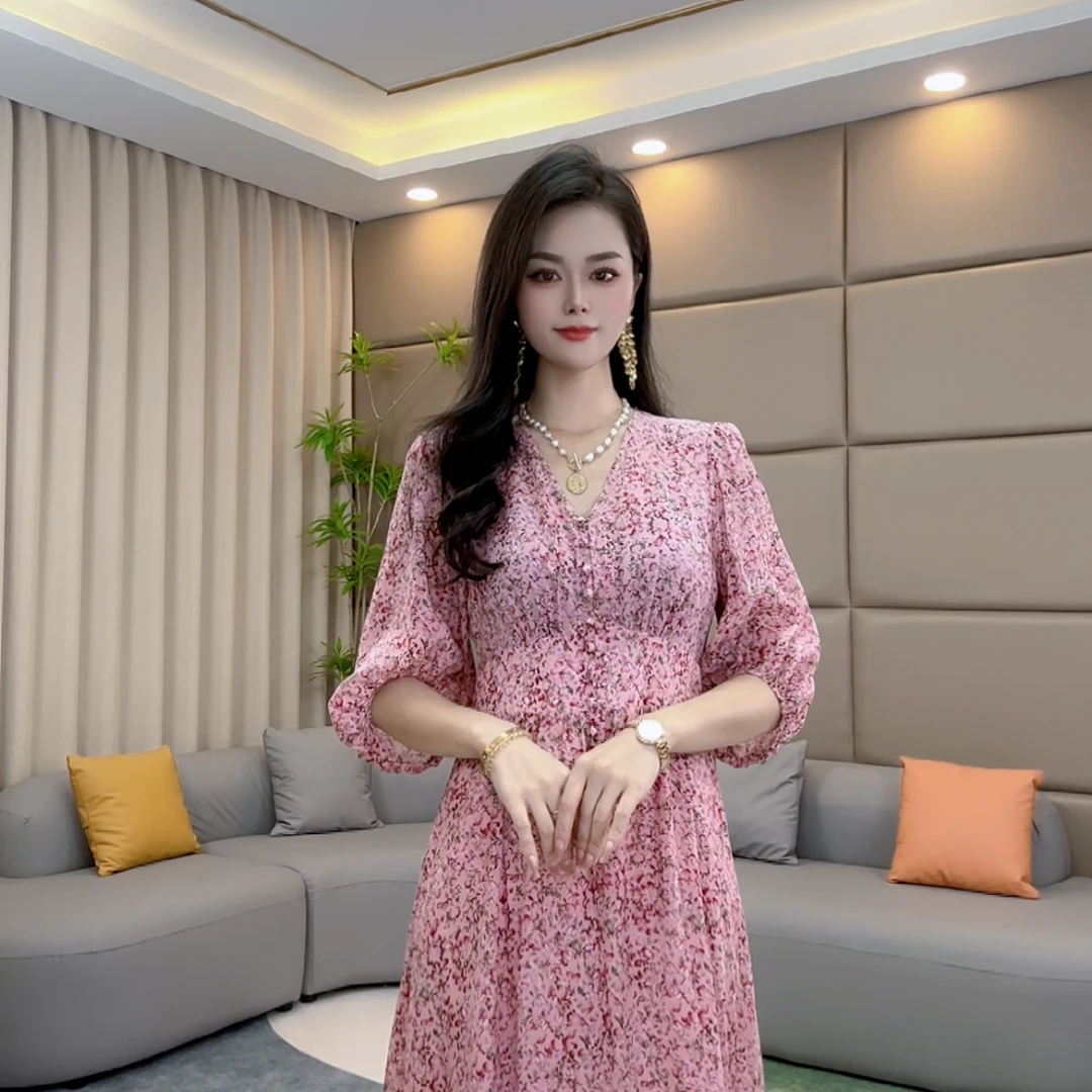 ‘’粉花美裙‘’ 女士连衣裙碎花气质时尚收腰真丝连衣裙 80013