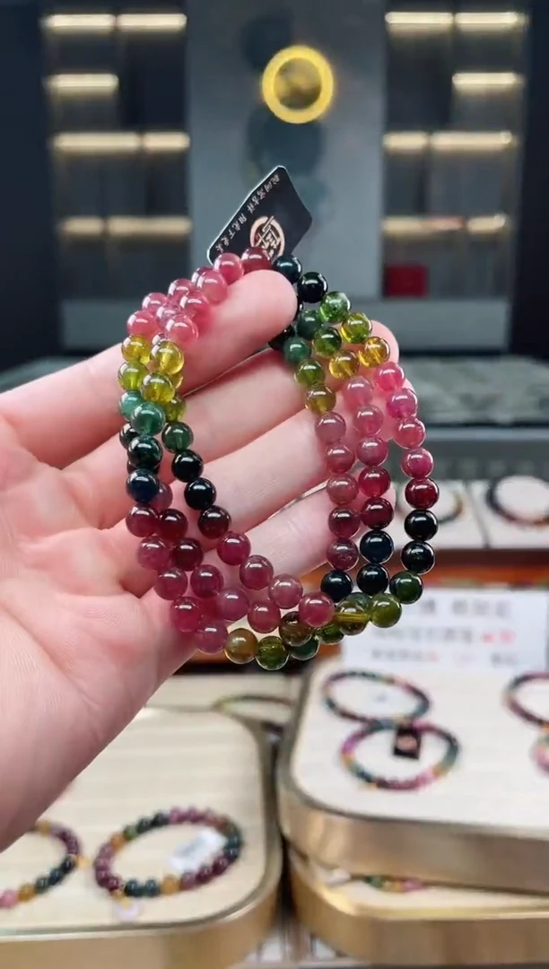 未镶嵌冰透体老矿碧玺彩虹三圈手串6mm+碧玺多样性发一条xion