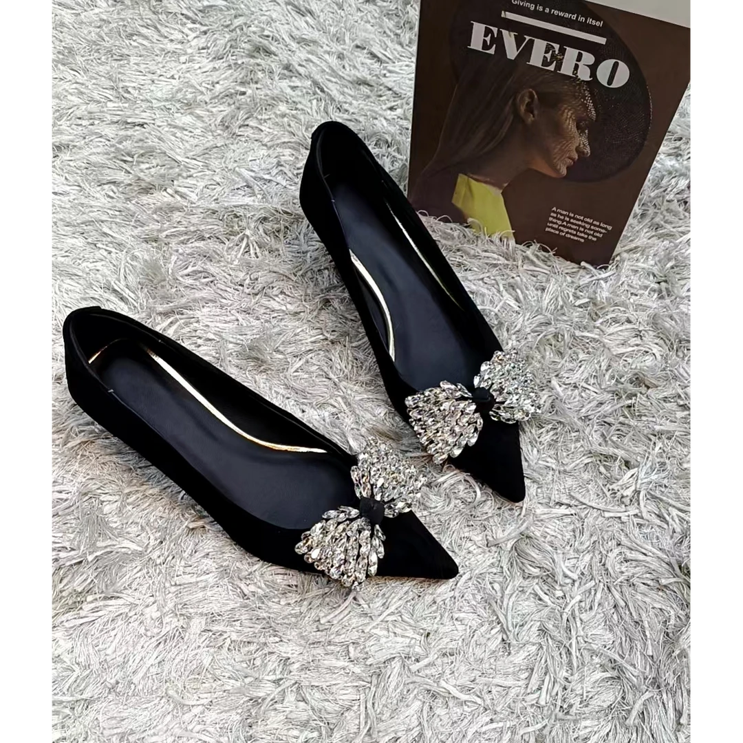 气质名媛风磨砂羊皮单鞋女细跟尖头浅口优雅水钻蝴蝶结XD959-07