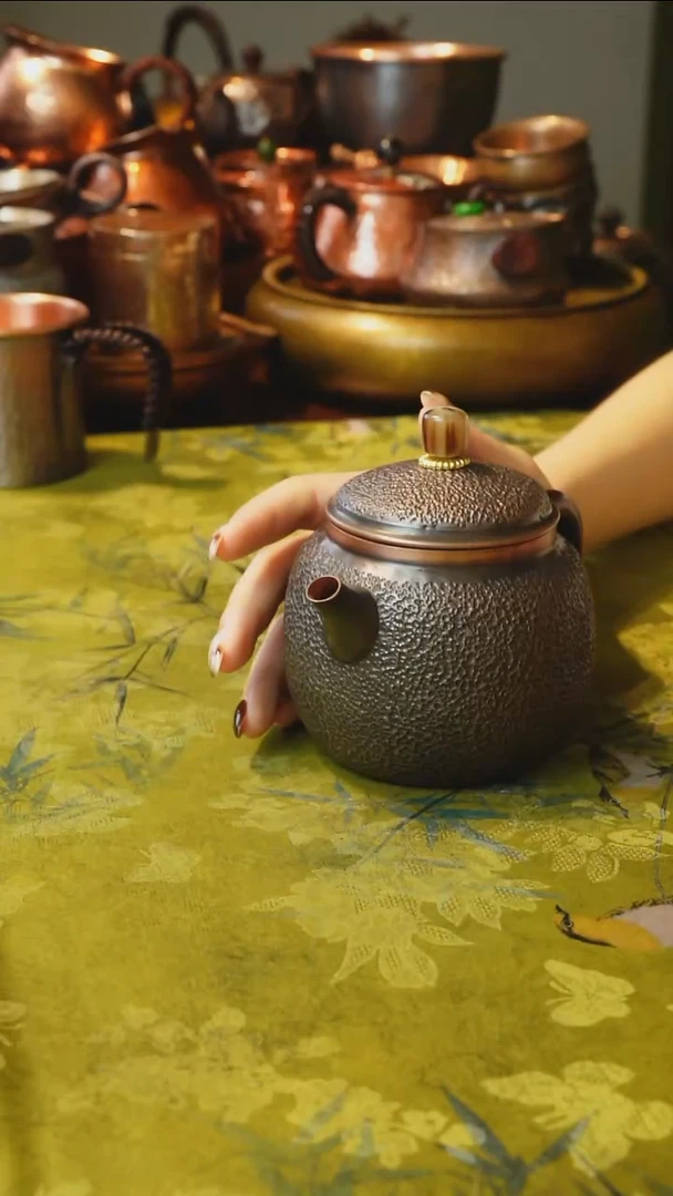 纯紫铜檀木柄泡茶壶