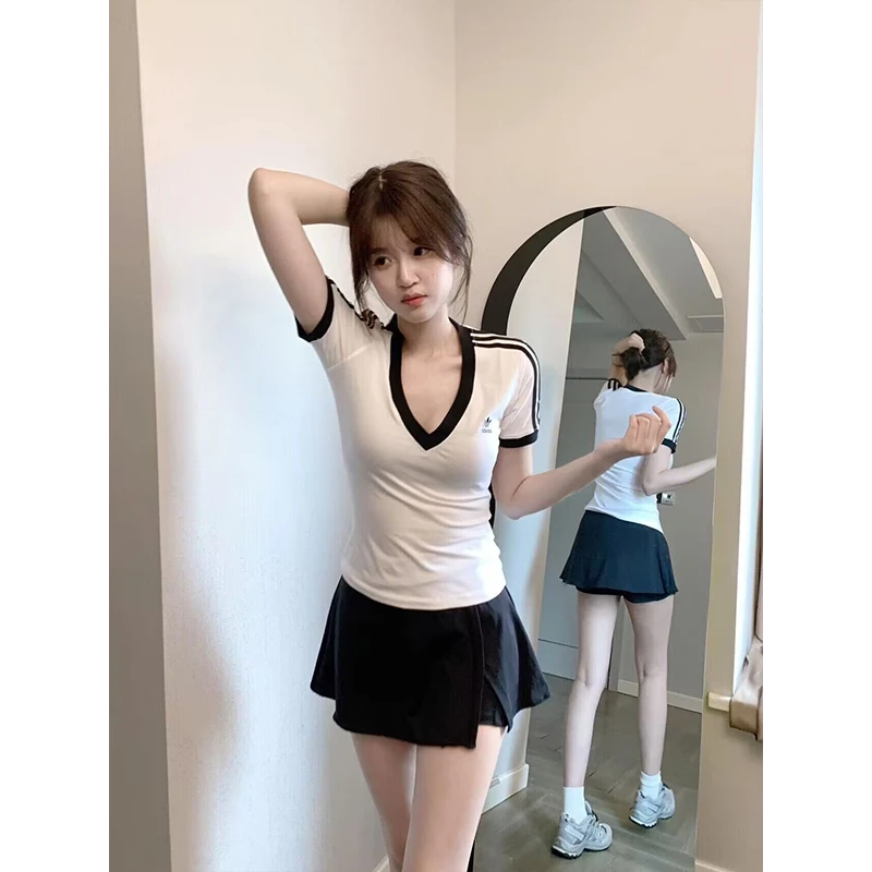 【奥莱撤柜内购】纯棉V领气质显瘦短袖辣妹风t恤