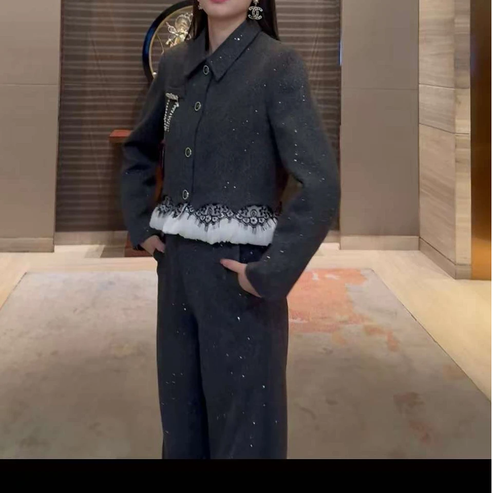 【晨浠定制】新款蕾丝荷叶边小香风夹棉长裤套装8055