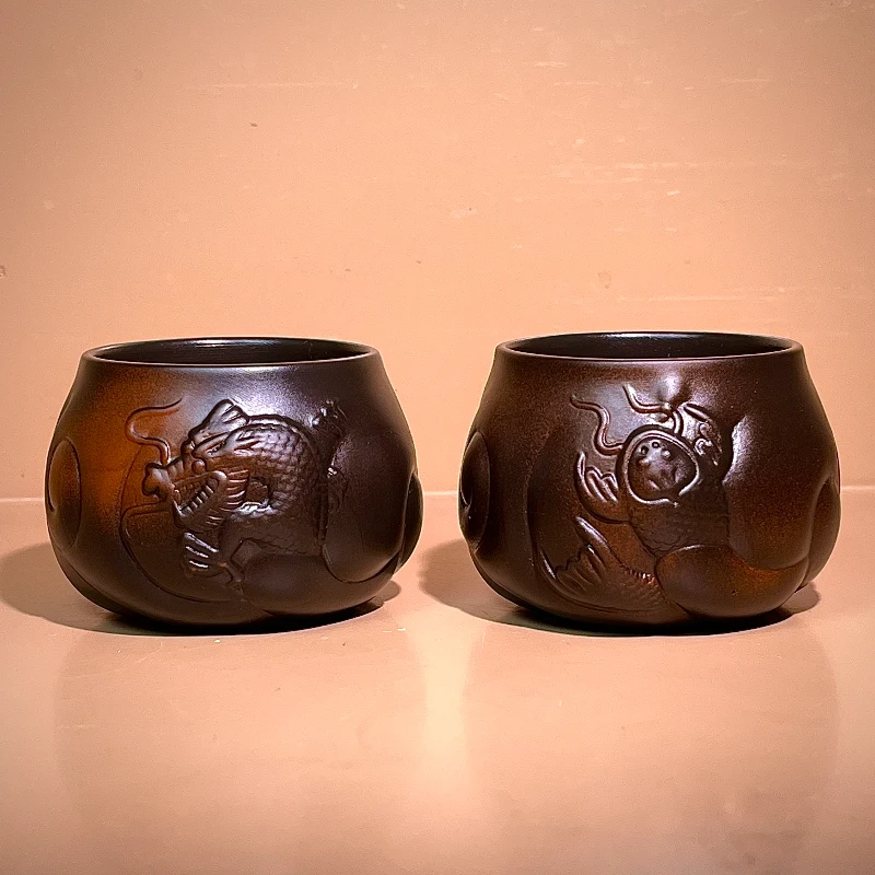 紫陶鱼化龙茶杯主人杯功夫泡茶盏杯品茗杯大宽口客人杯2个装E237