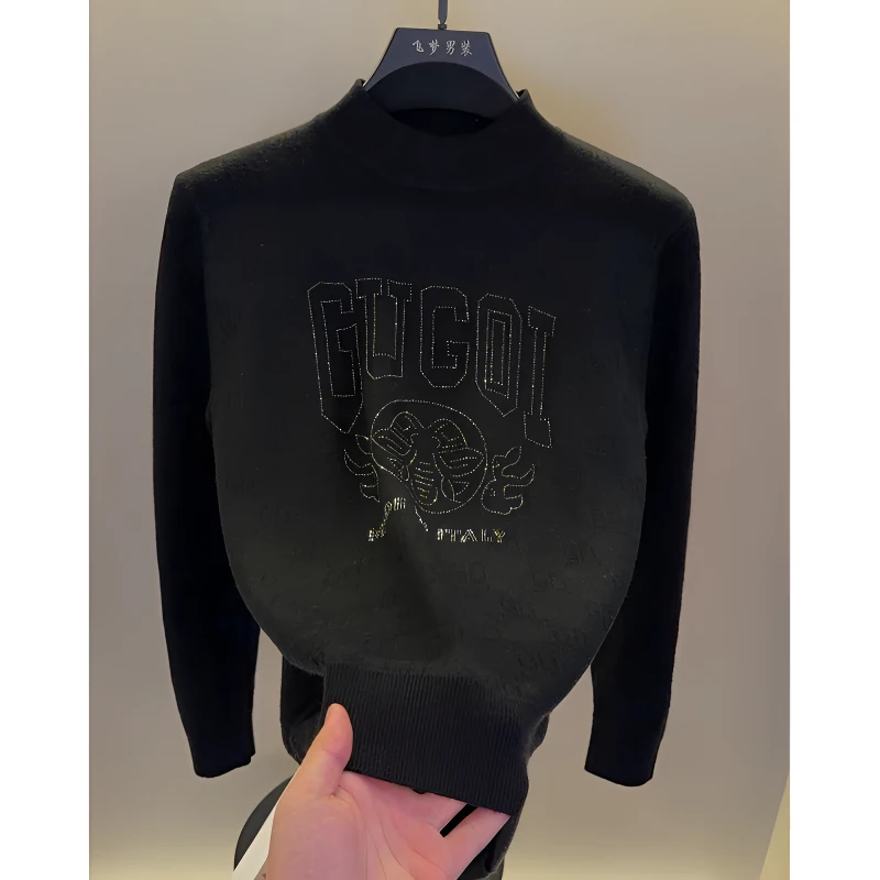 高档半高领烫钻提花针织衫毛衣男士秋冬时尚保暖打底衫男装5127