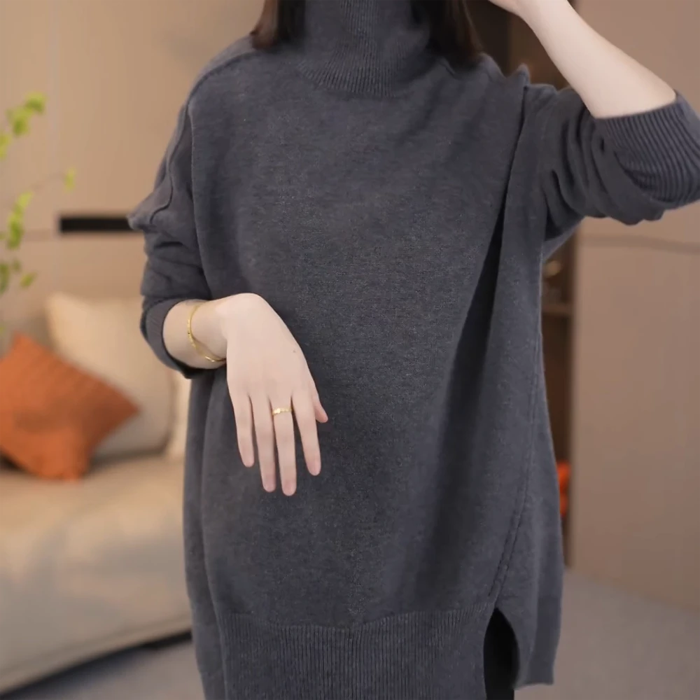冬季百搭针织衫高级感气质套头高领毛衣女慵懒风纯色百搭上衣