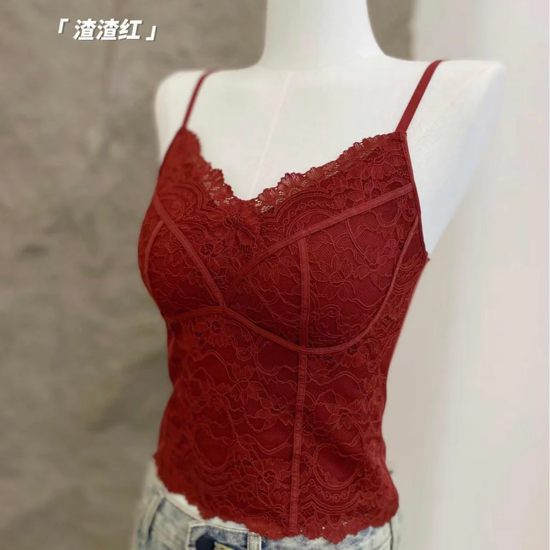 红色美背长款蕾丝吊带背心带胸垫内搭打底本命年内衣时尚百搭新款