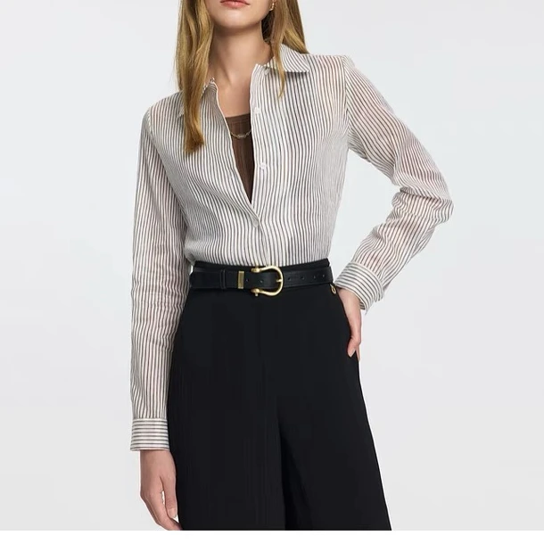 2025飞秒新品《麻条纹》夏季气质长袖时尚休闲通勤麻衬衫