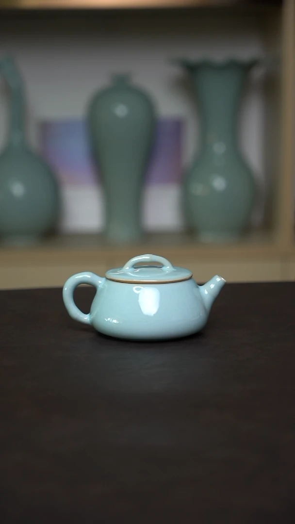 壶瓷天青釉竹节石瓢壶全手工
