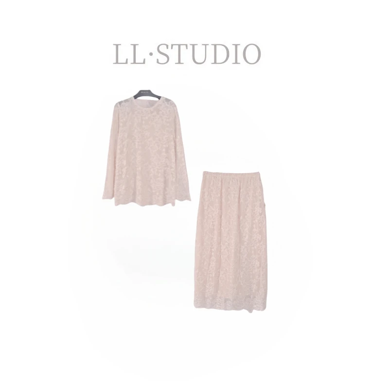 妙兮·LL春季新款法式轻奢欧若风蕾丝上衣+中长裙套装*20250342