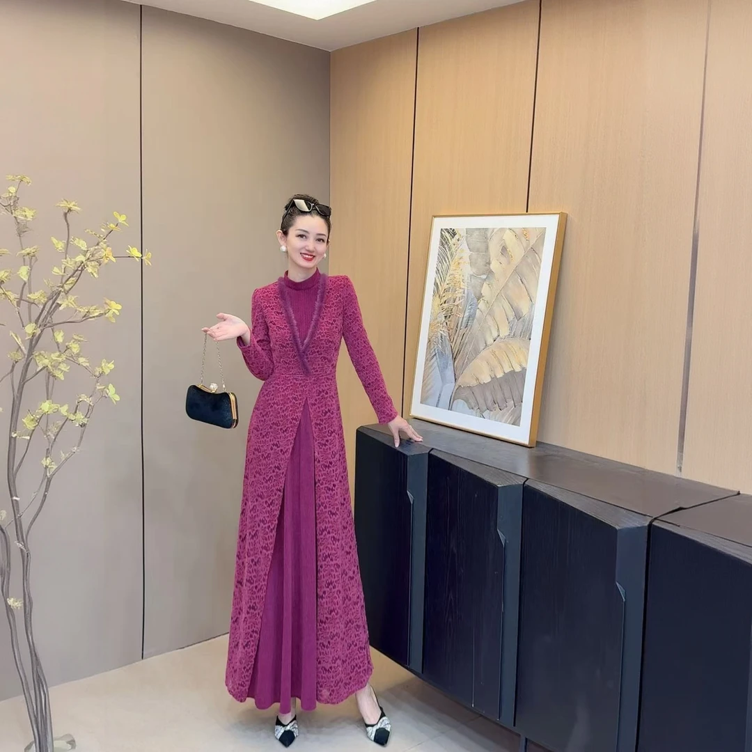 《丹尚爱》冬季小立领磨毛加厚蕾丝连衣裙真水貂毛高级紫红色长裙