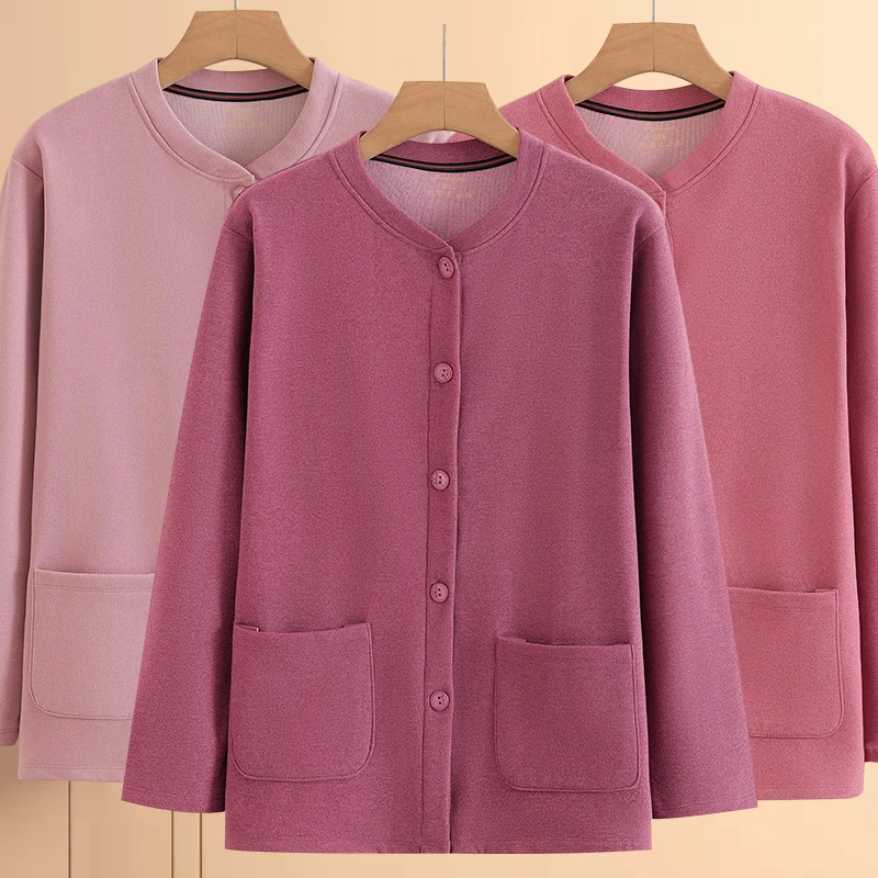 女士德绒开衫秋衣老年人磨毛发热大码上衣奶奶前开扣对襟保暖内衣