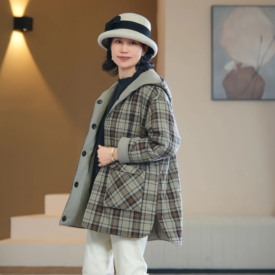 绿棕+咖格子长款两面穿棉袄秋冬百搭防风女士保暖棉衣