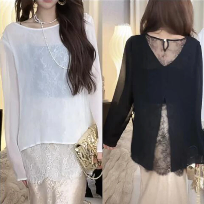 慵懒风薄款防晒长袖T恤女2025新款宽松蕾丝假两件别致显瘦罩衫
