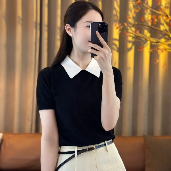 MOLANOOTD"花笺"25夏桑蚕丝混纺polo衫女短袖针女生韩系ins衣服