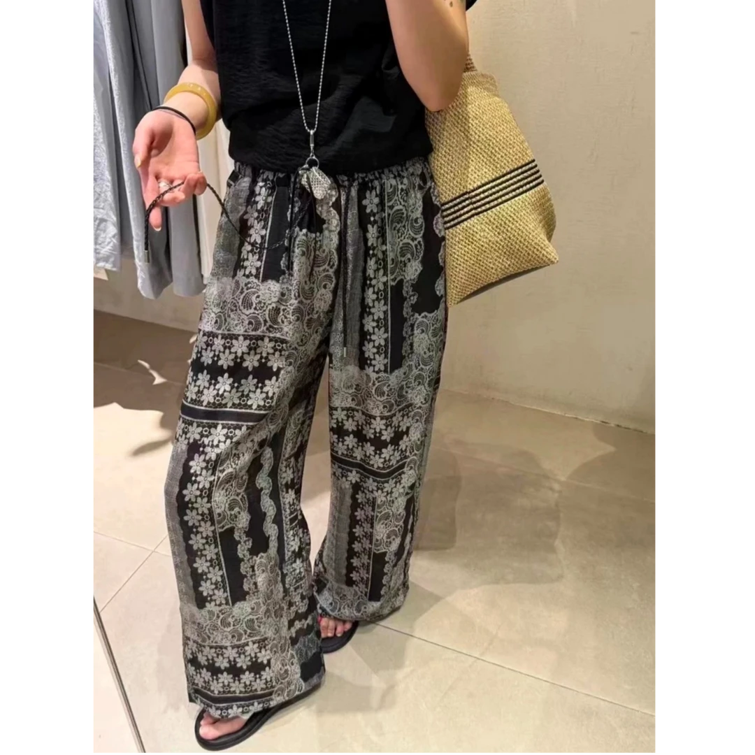欧货复古印花抽绳松紧腰阔腿裤女2025夏季新款宽松气质冰丝直筒裤