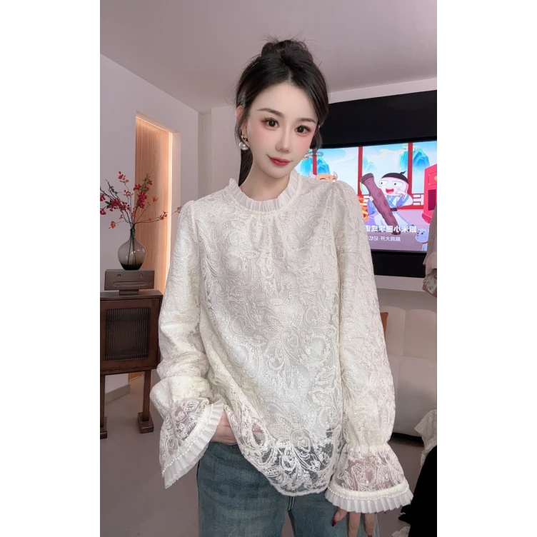2025春季新款新中式米白色镂空印花打底衫蕾丝长袖时尚百搭秋冬