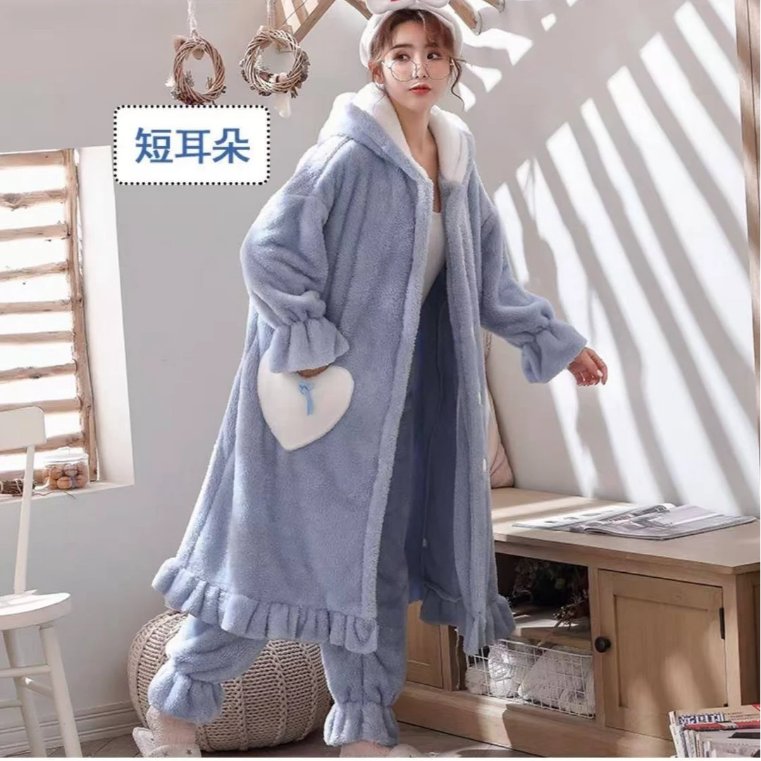 女士特价连帽法兰绒秋冬睡袍套装