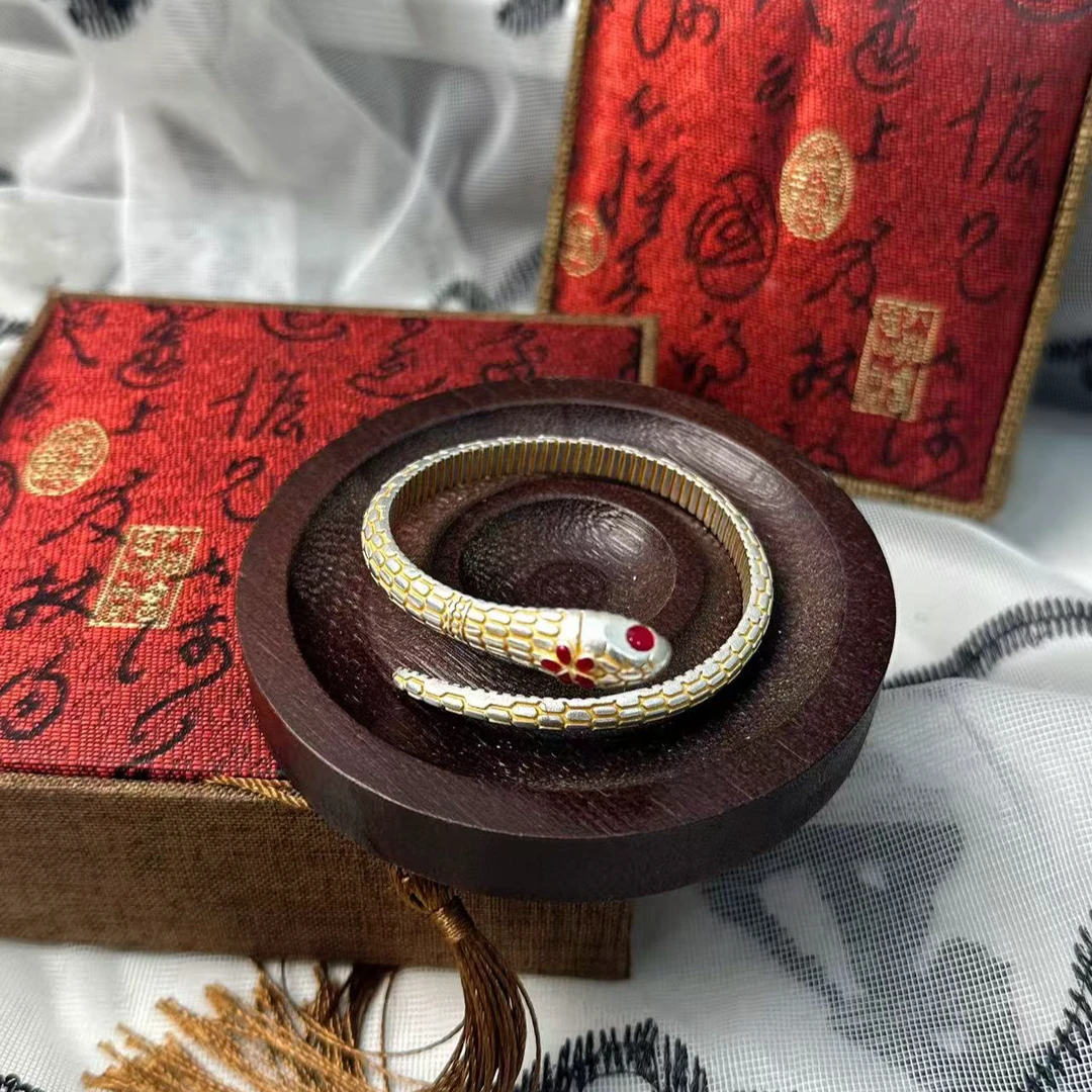 足银手镯 999.9【S198】26g  樱花蛇开口手镯经典百搭手工时尚复古