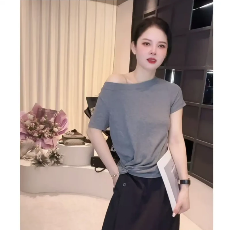 气质显年轻粉色一字领短袖t恤女纯色扭结夏季新款半袖打底衫上衣