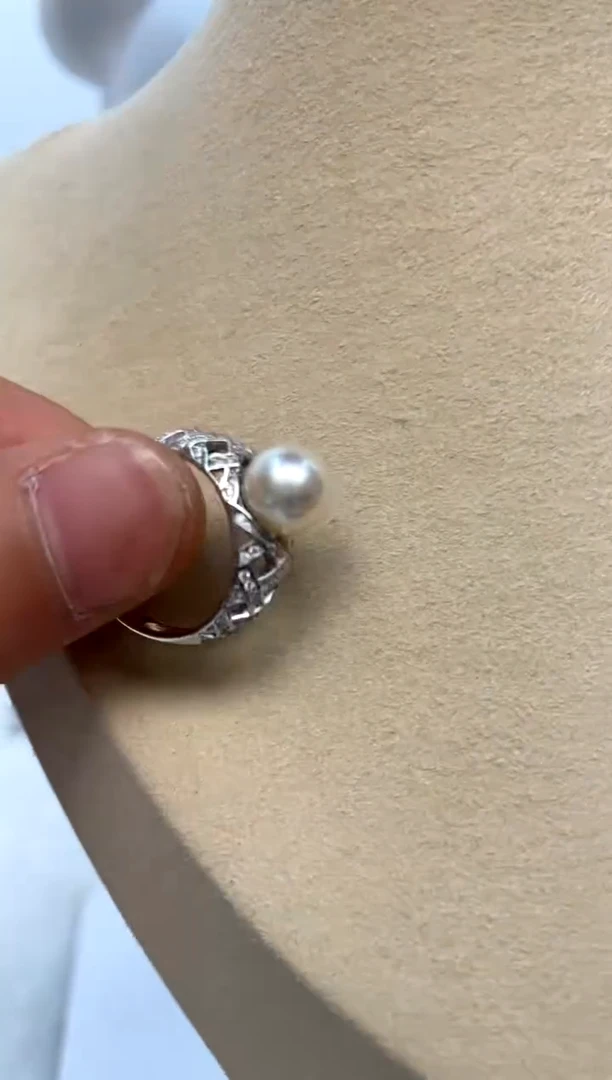 银S925镶嵌戒指海水珍珠8-9