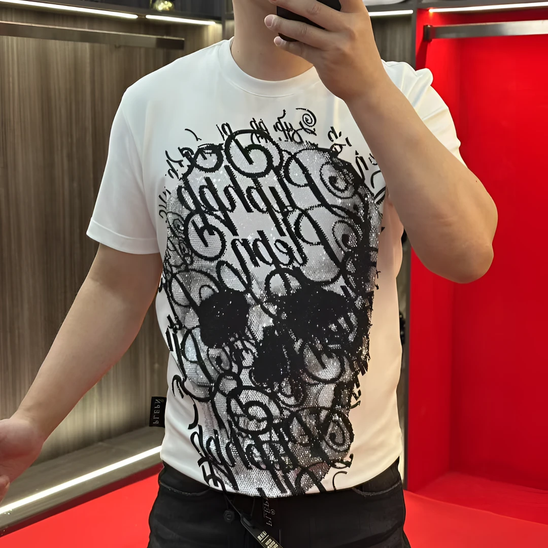 PP正品25新款潮流骷髅头烫钻男士修身弹力冰感液氨短袖1727