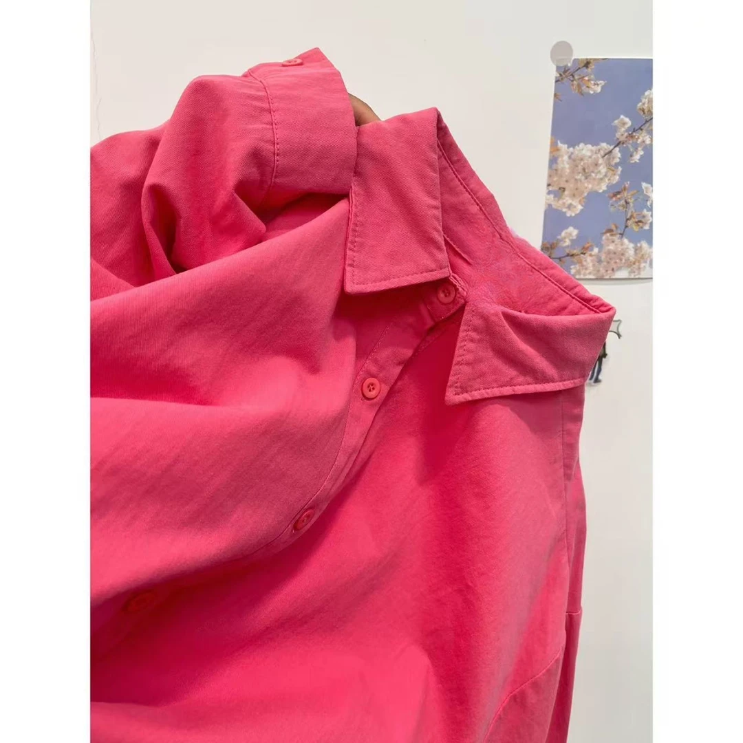 2026年新款显白西瓜红纯棉衬衫女长袖上衣宽松显瘦百搭夏外套衬衣