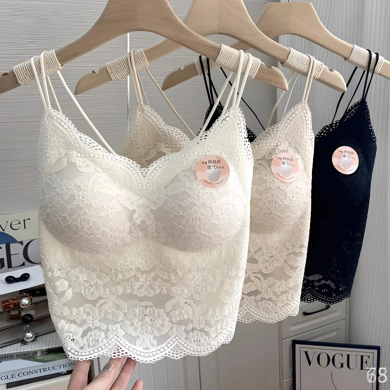 蕾丝性感吊带背心内搭女带胸垫固定杯无钢圈薄款美背内衣文胸一体