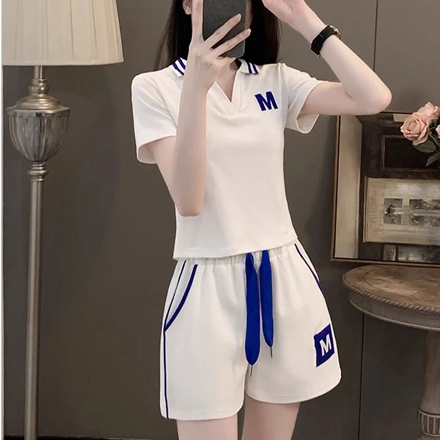 欧货时髦小个子休闲运动套装女士夏季短款polo跑步短裤短袖两件套