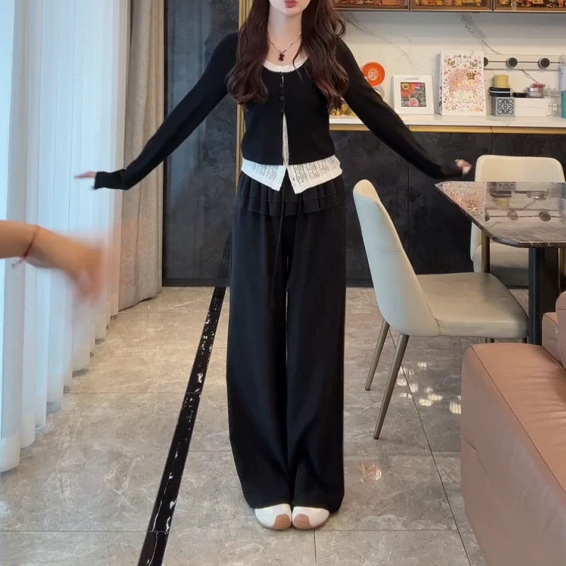梨形天菜~2025春夏新款拼接上衣+荷叶边屁帘直筒休闲裤LK2502018