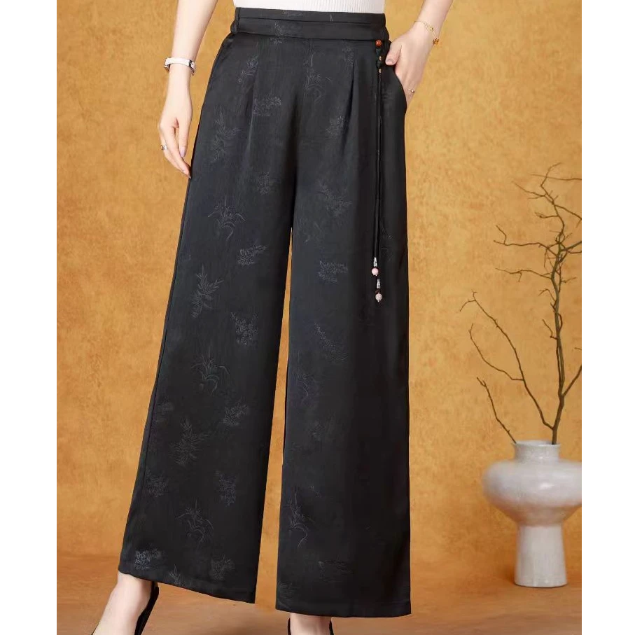 中式提花国风宽松裤女垂感休闲裤夏季阔腿高腰松紧新款休闲妈妈裤