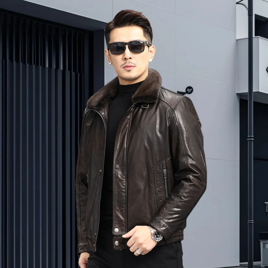 海宁真皮头层小牛皮皮衣羽绒脱卸男立翻领休闲中老年皮夹克外套