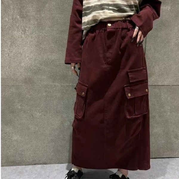 D16287 美式复古帅气A字休闲宽松工装半身裙