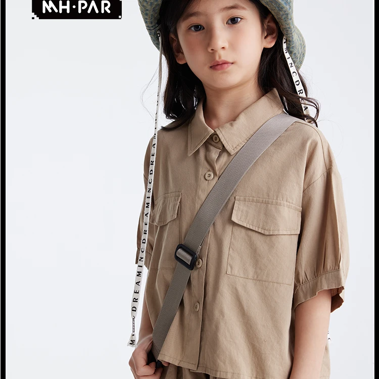 麦哈派MHPAR麦哈派夏季女童卡其色工装风透气休闲短裤套装252575B