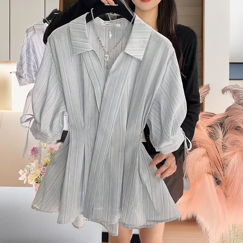 重工烫钻蓝色条纹衬衫女装夏季2025年新款v领上收腰袖口抽绳衬衣