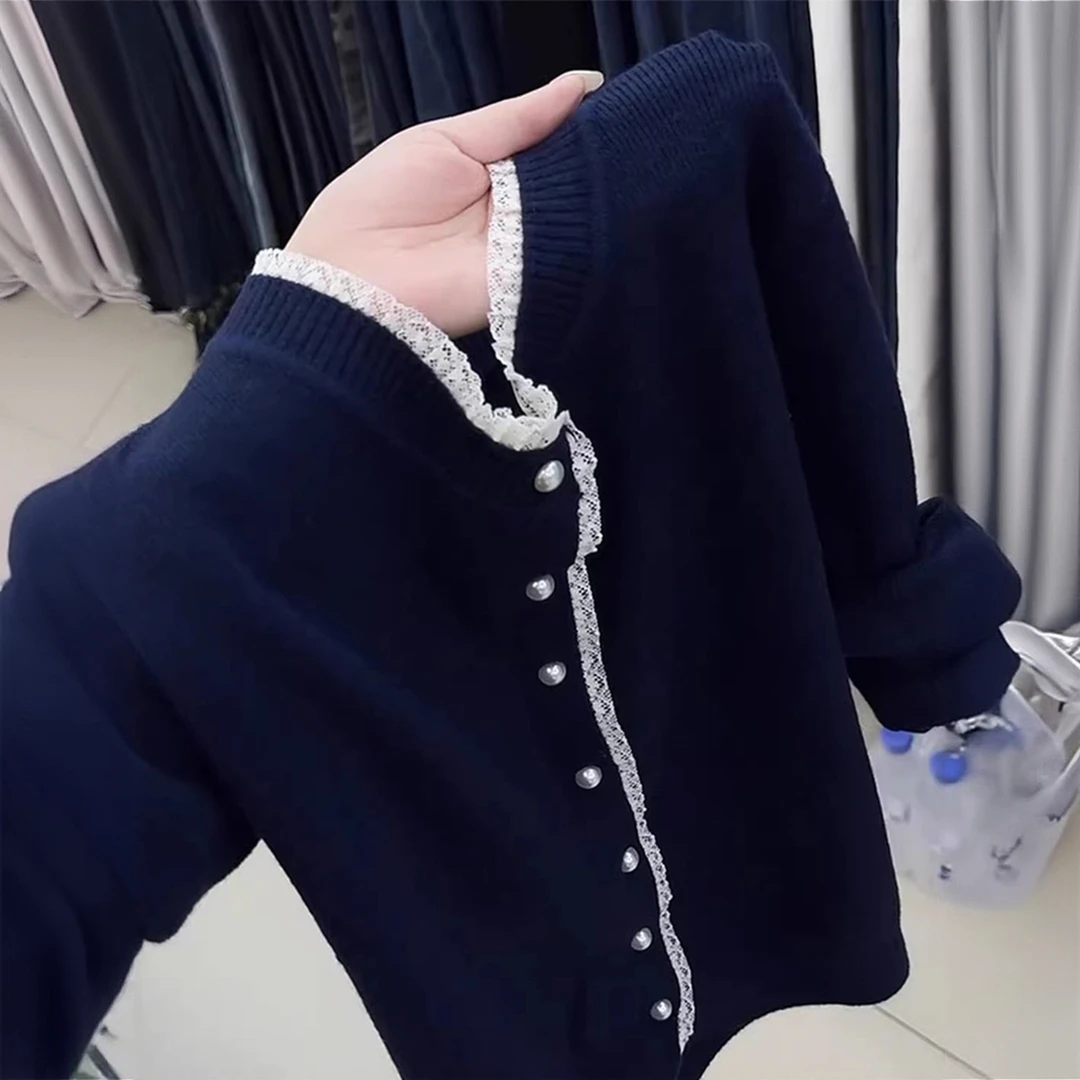 高级感蕾丝花边针织开衫早秋大码胖MM休闲显瘦减龄软糯毛衣外套女