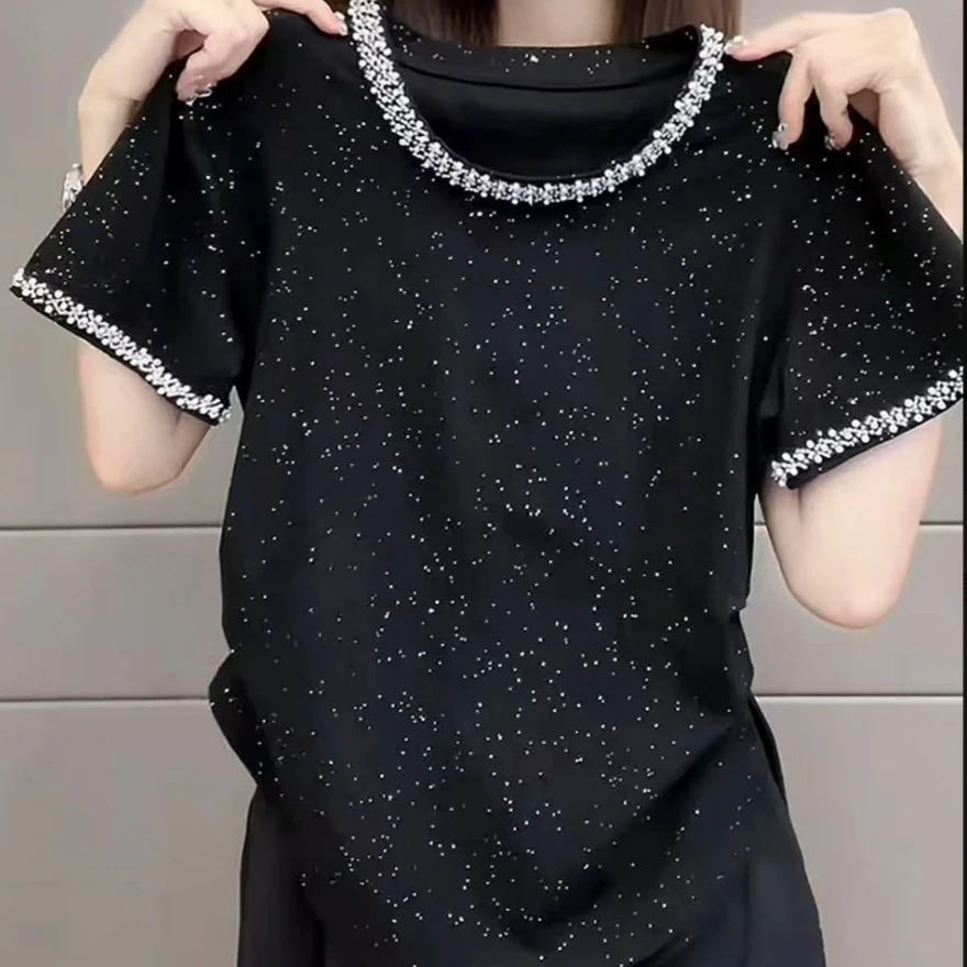 夏季设计感2025时尚满天星短袖T恤女新款重工收腰褶皱显瘦女上衣