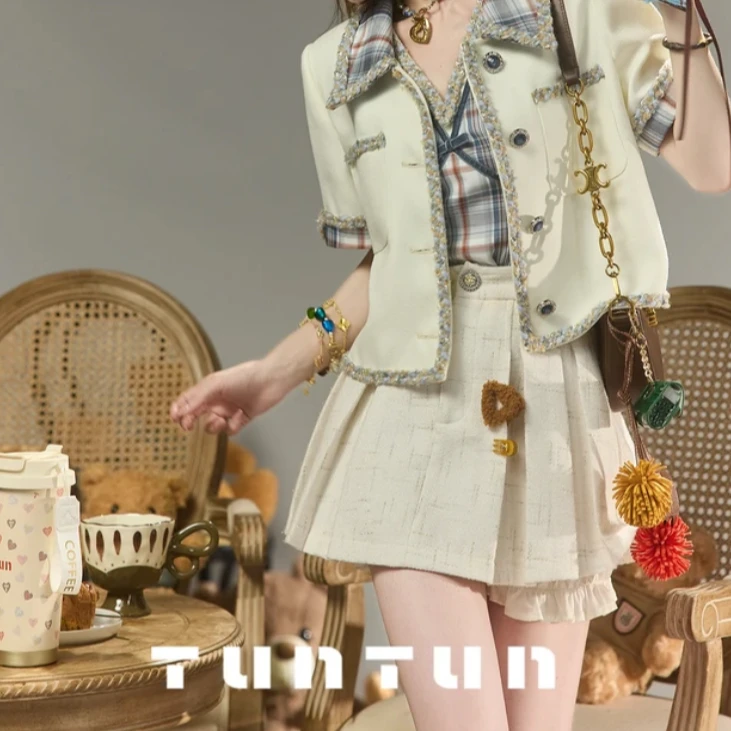 小众设计【闺闺小香，30°能穿】少女感灰蓝格纹小香风外套