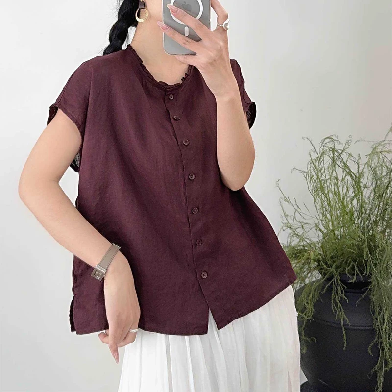 夏季新品纯亚麻落肩小袖木耳边领小开衫时尚减龄时尚百搭凉爽宽松