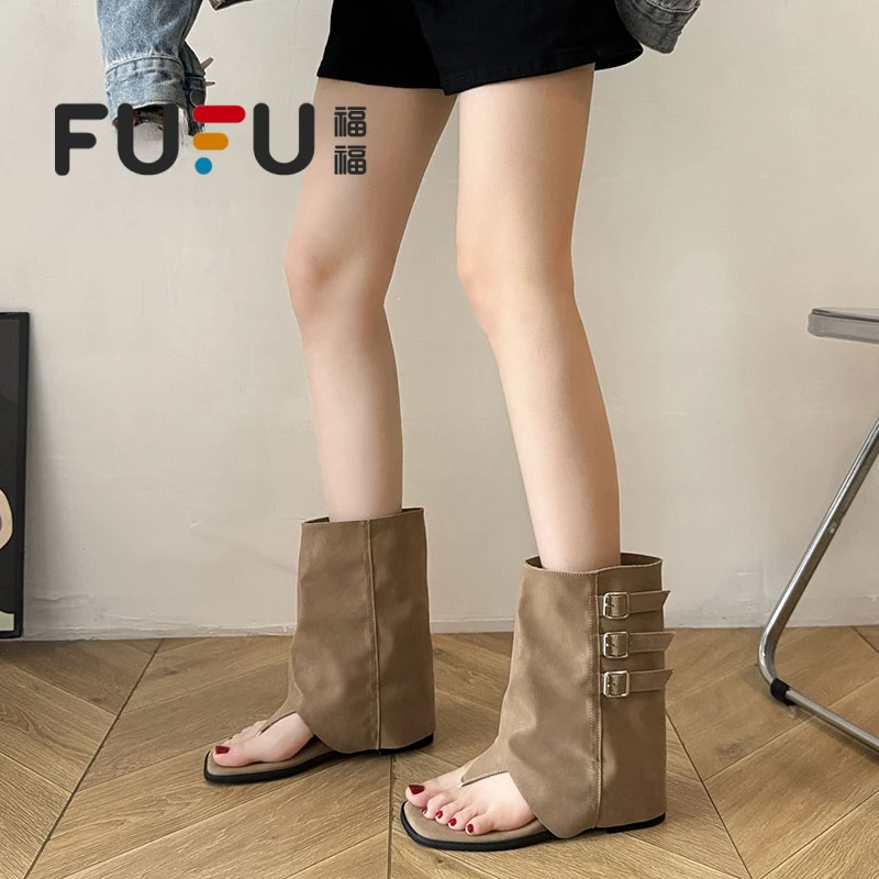 福福内增高夹趾凉靴女2025年新款夏季裤管靴人字拖夹脚短靴凉鞋女
