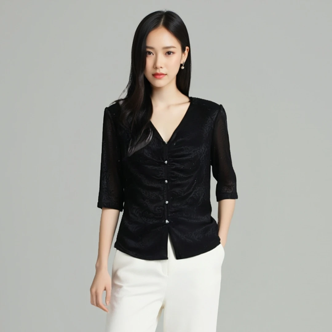 S503【维亿专属】纯色半袖打底衫重工V领衬衫褶皱设计感