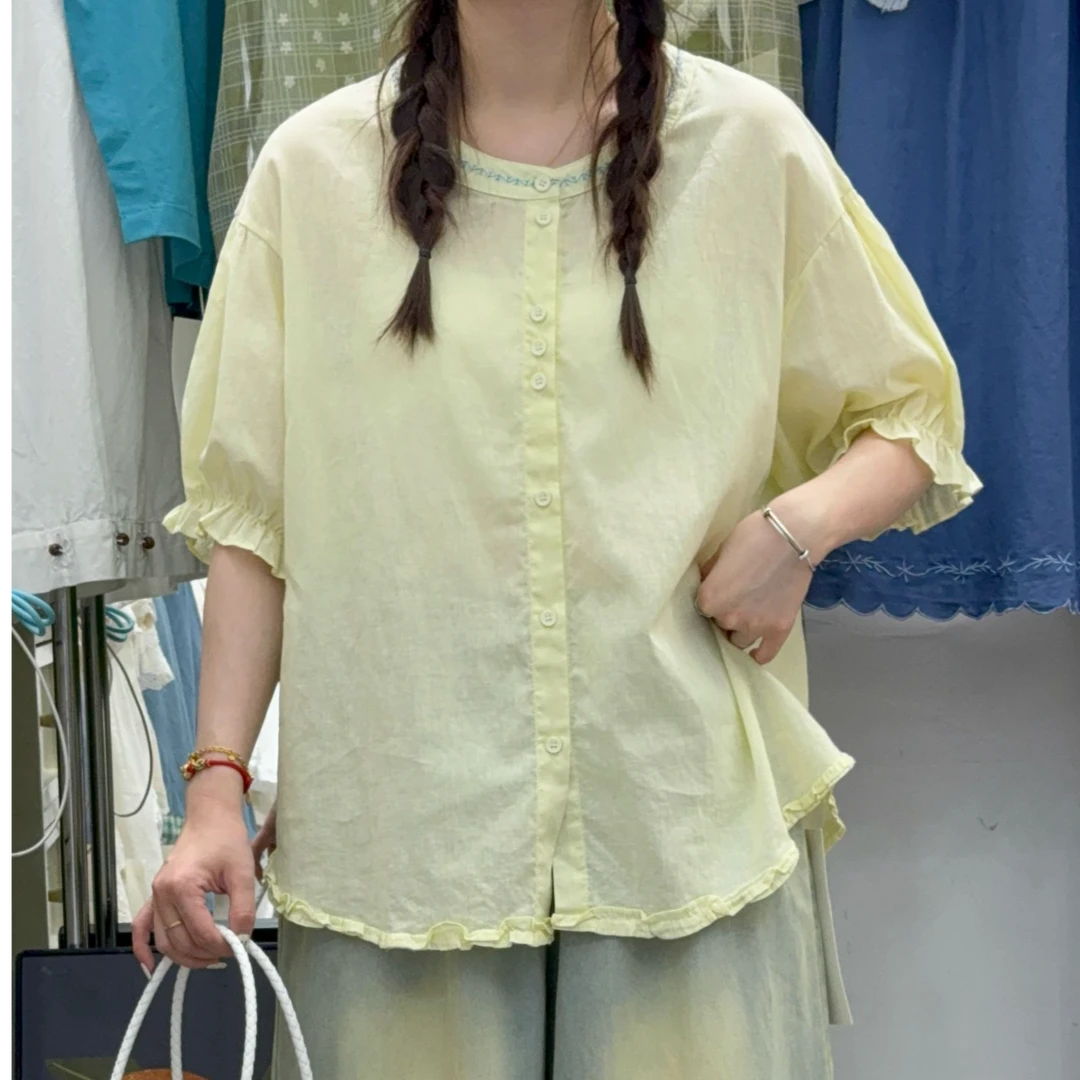 2025夏季新款复古气质圆领短袖衬衫女宽松休闲百搭森系潮2586#