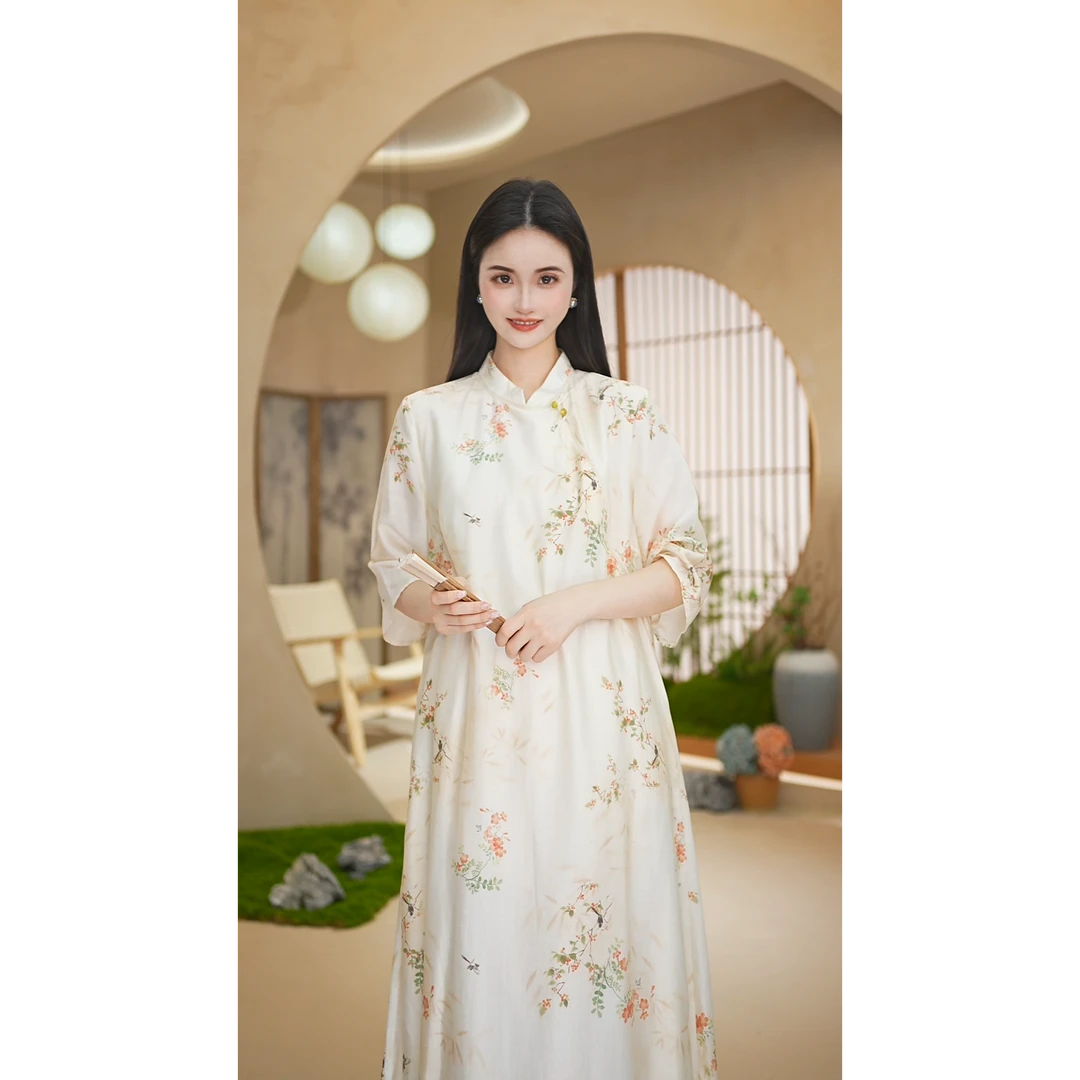 西子素然 【喜鹊登枝】原创中国风桑蚕丝显瘦时尚旗袍A字连衣裙8001