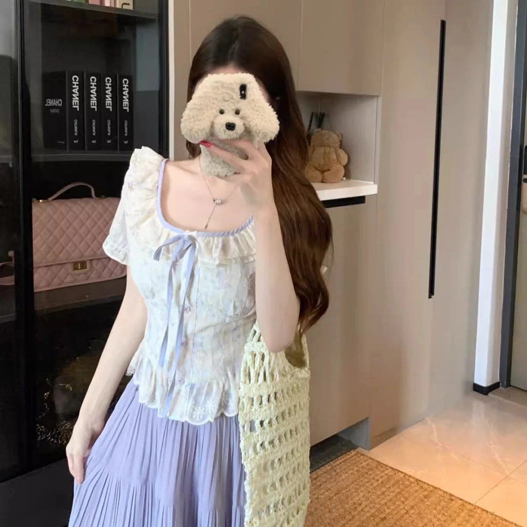 大码胖mm法式气质甜美风荷叶边碎花衬衫女夏季遮肚子显瘦短袖上衣