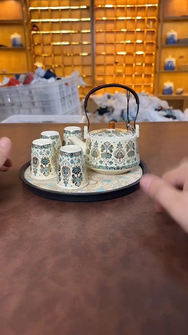 瓷片鸣盏居11111金银错提梁壶+4杯+茶盘