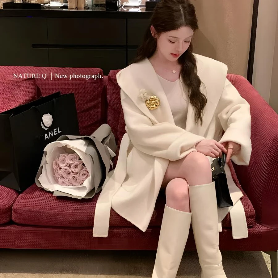 短款斗篷双面羊绒羊毛大衣女2025冬季韩系连帽小个子毛呢外套白色