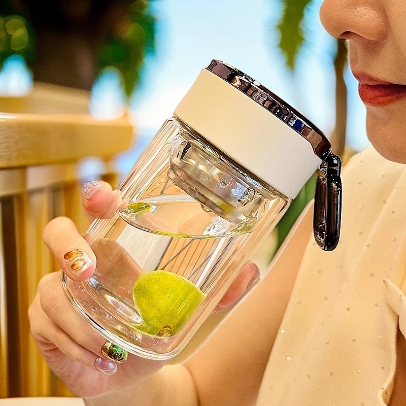 高颜值玻璃水杯女士上班用水杯个人专用泡茶杯子双层便携小巧迷你